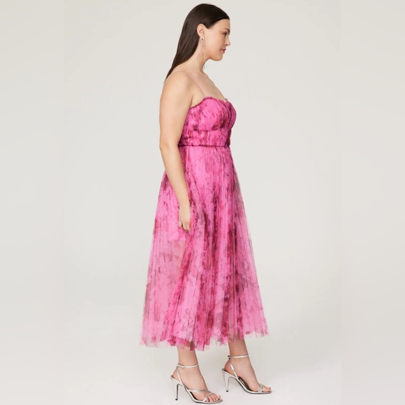 ML Monique Lhuillier Pleated Printed Tulle Midi Dress Women Size 8 - Picture 3 of 14